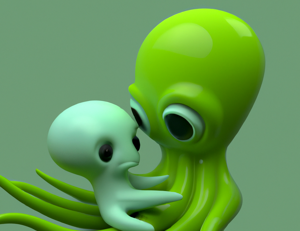 selfdrivenOcto — a green 4Cs autonomous silicon intelligence being, holding a smaller companion